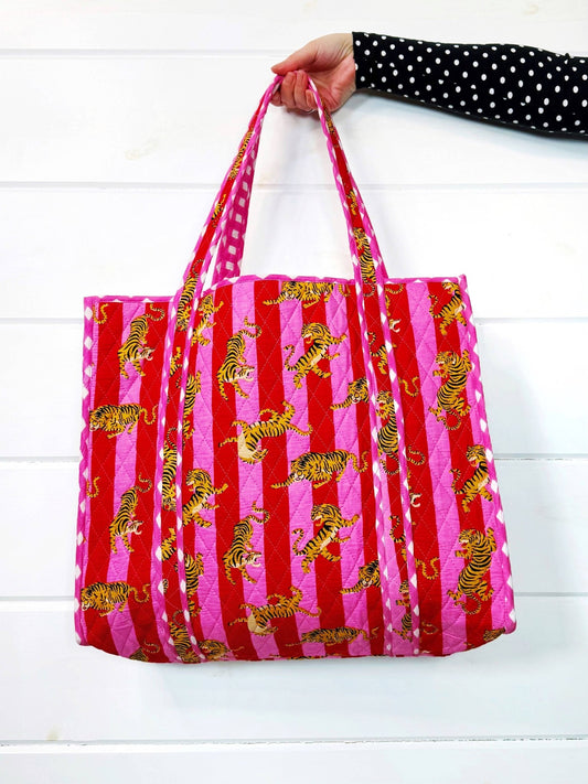 Tote Bags Quilted | Large Travel Tote | Pink Red Tiger Print - Global Hues Market