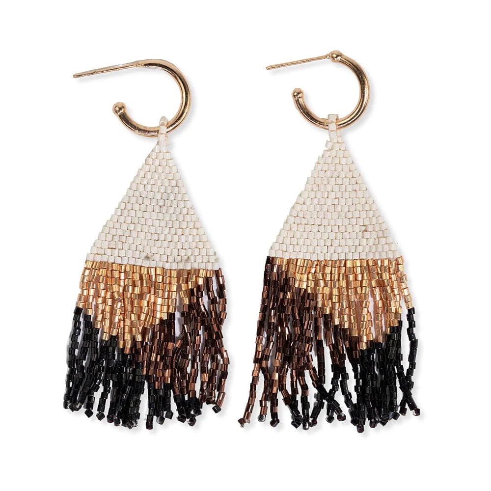 James Mini Gold Hoop Beaded Geo Fringe Earrings {bronze black