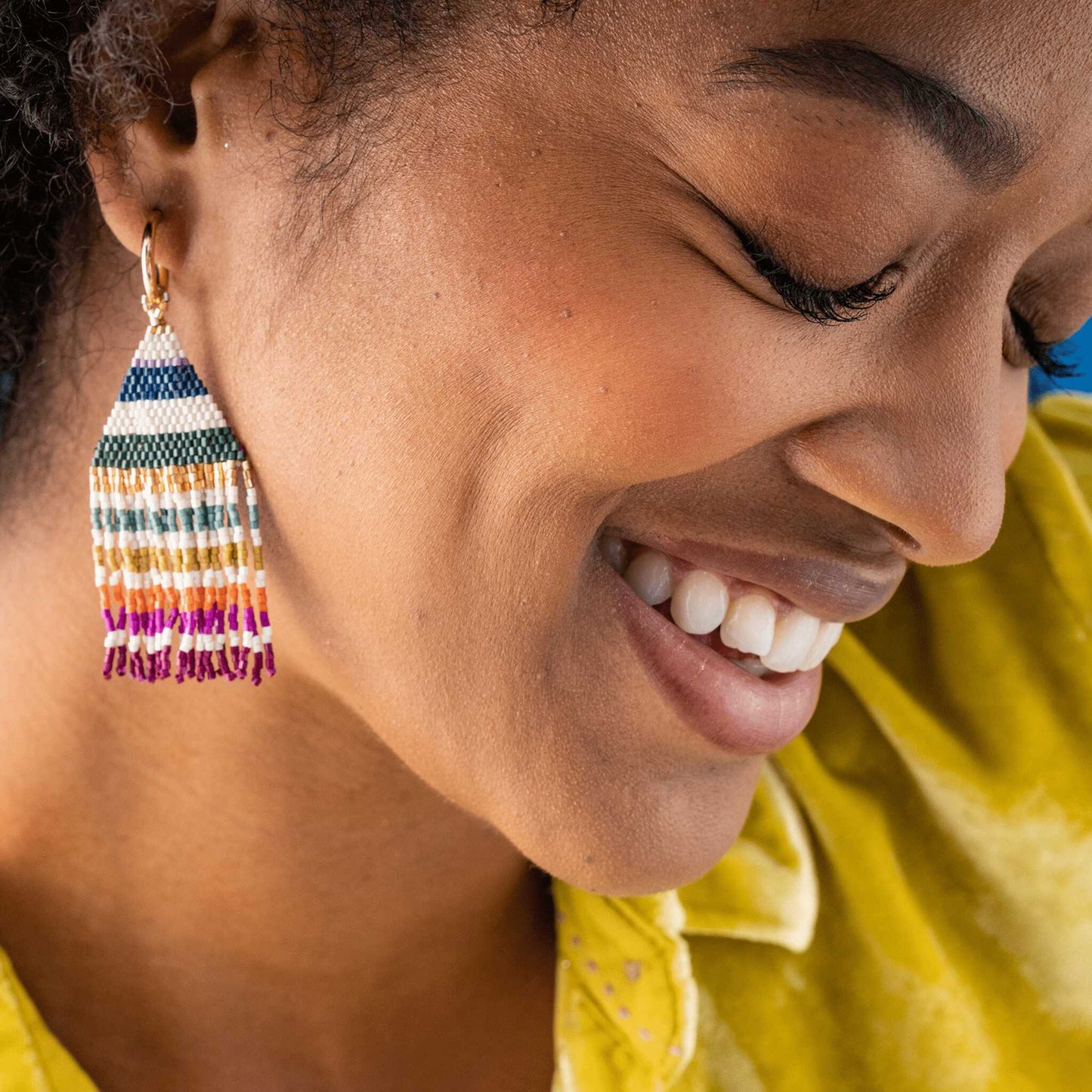 James Mini Gold Hoop Beaded Geo Fringe Earrings {bronze + black + gold} - Global Hues Market