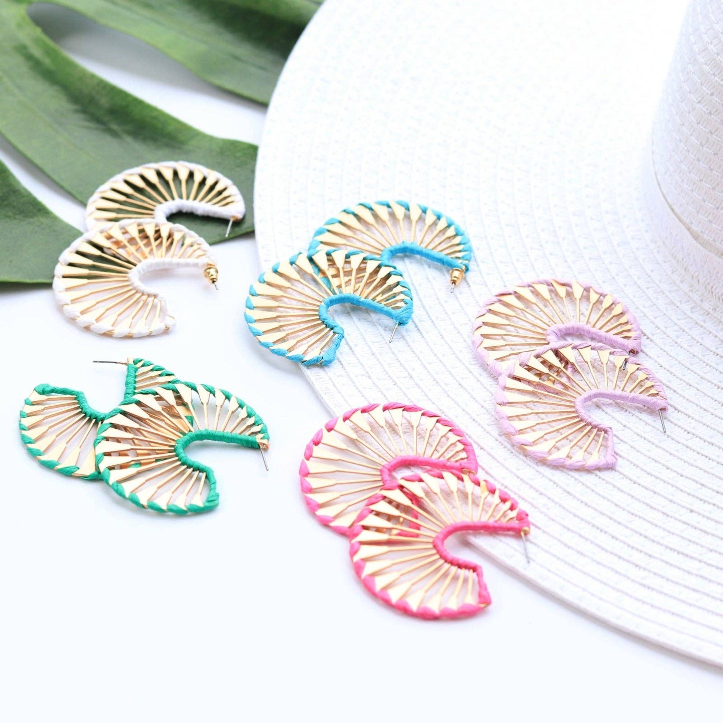 Rattan Wrapped Gold Fan Hoops {pink} - Global Hues Market