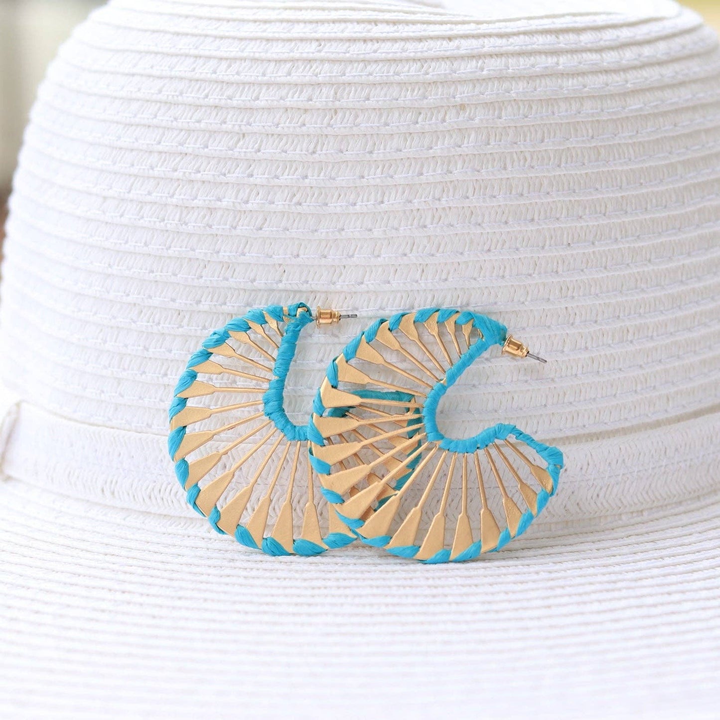 Rattan Wrapped Gold Fan Hoops {pink} - Global Hues Market