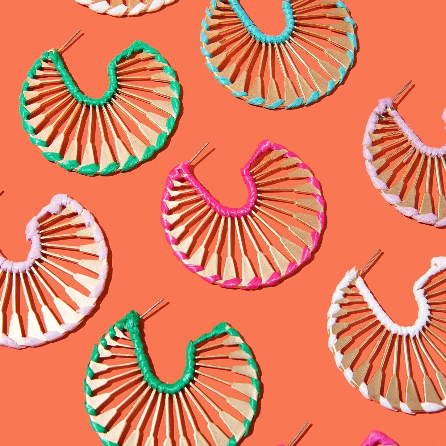 Rattan Wrapped Gold Fan Hoops {pink} - Global Hues Market