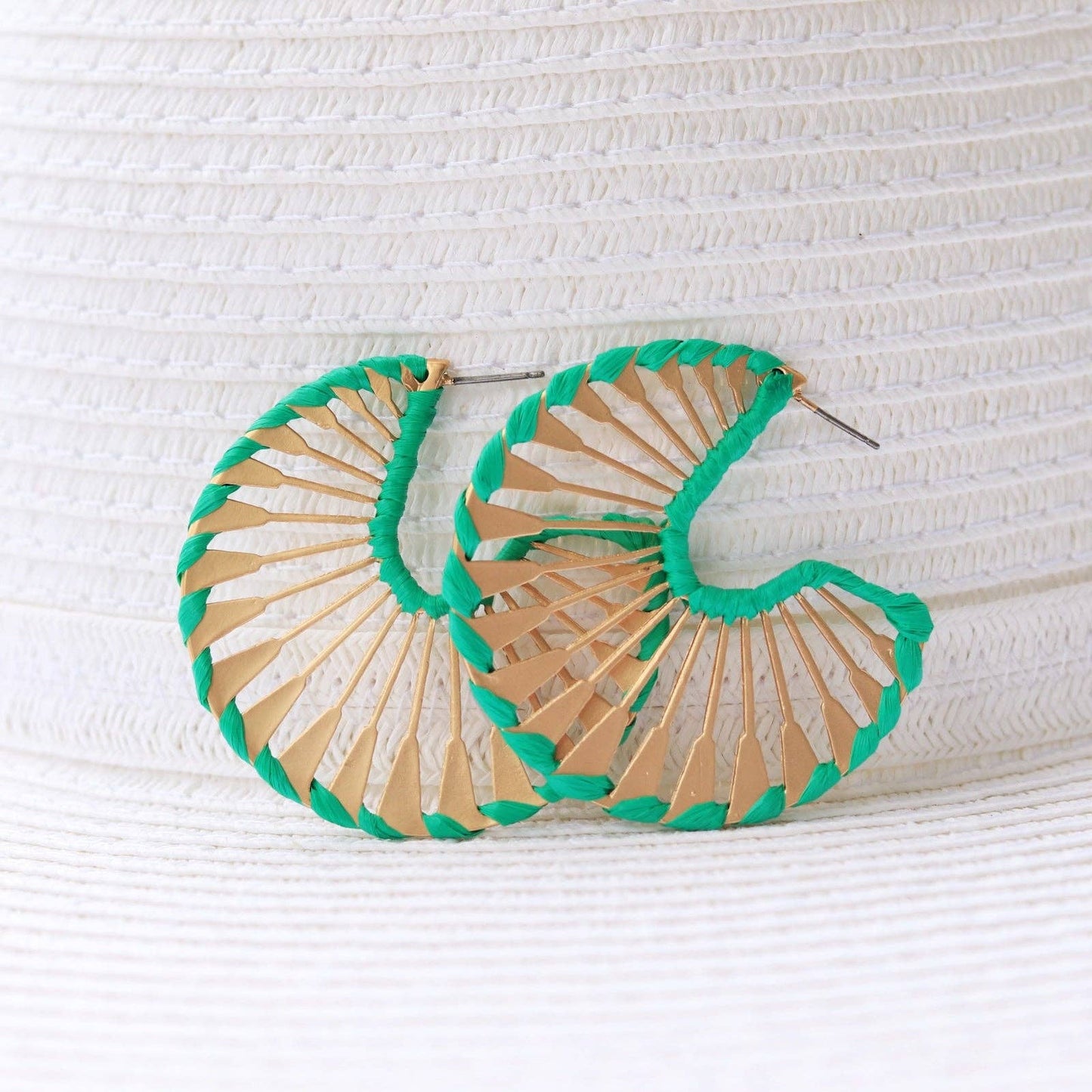 Rattan Wrapped Gold Fan Hoops {pink} - Global Hues Market