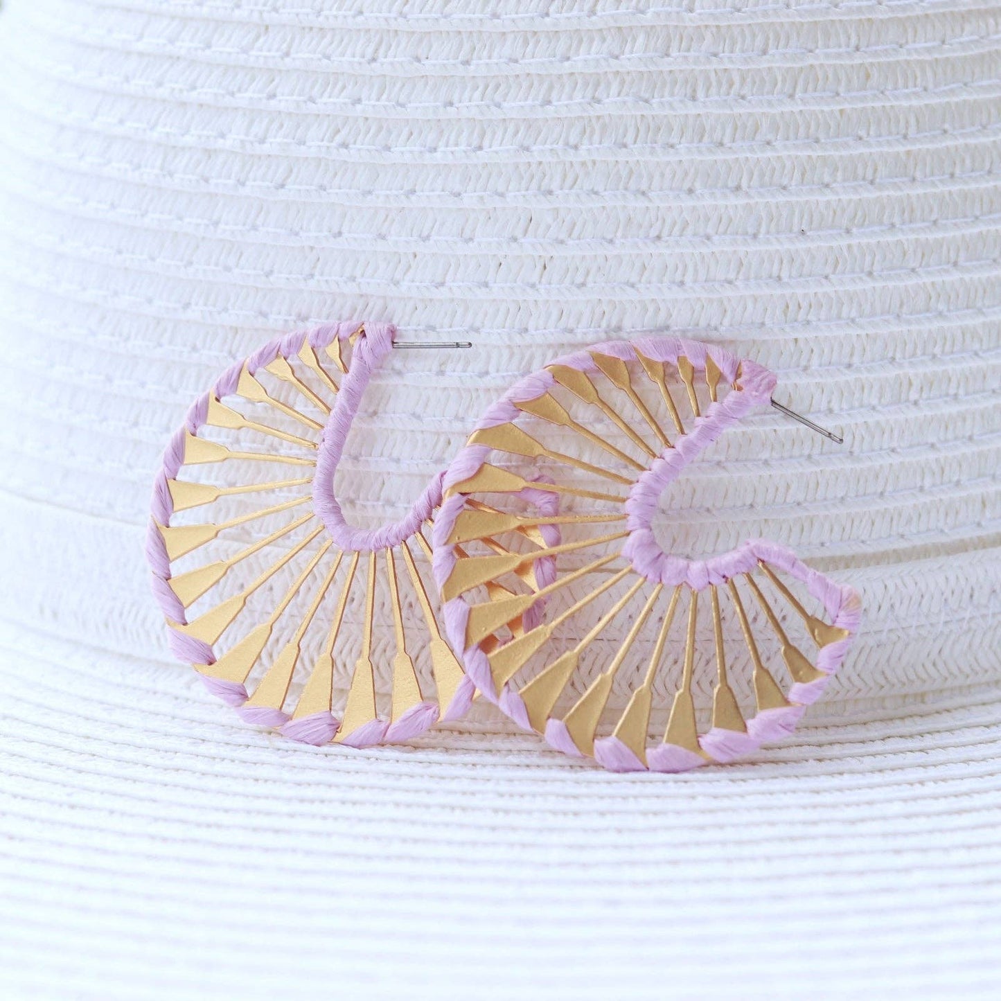 Rattan Wrapped Gold Fan Hoops {pink} - Global Hues Market