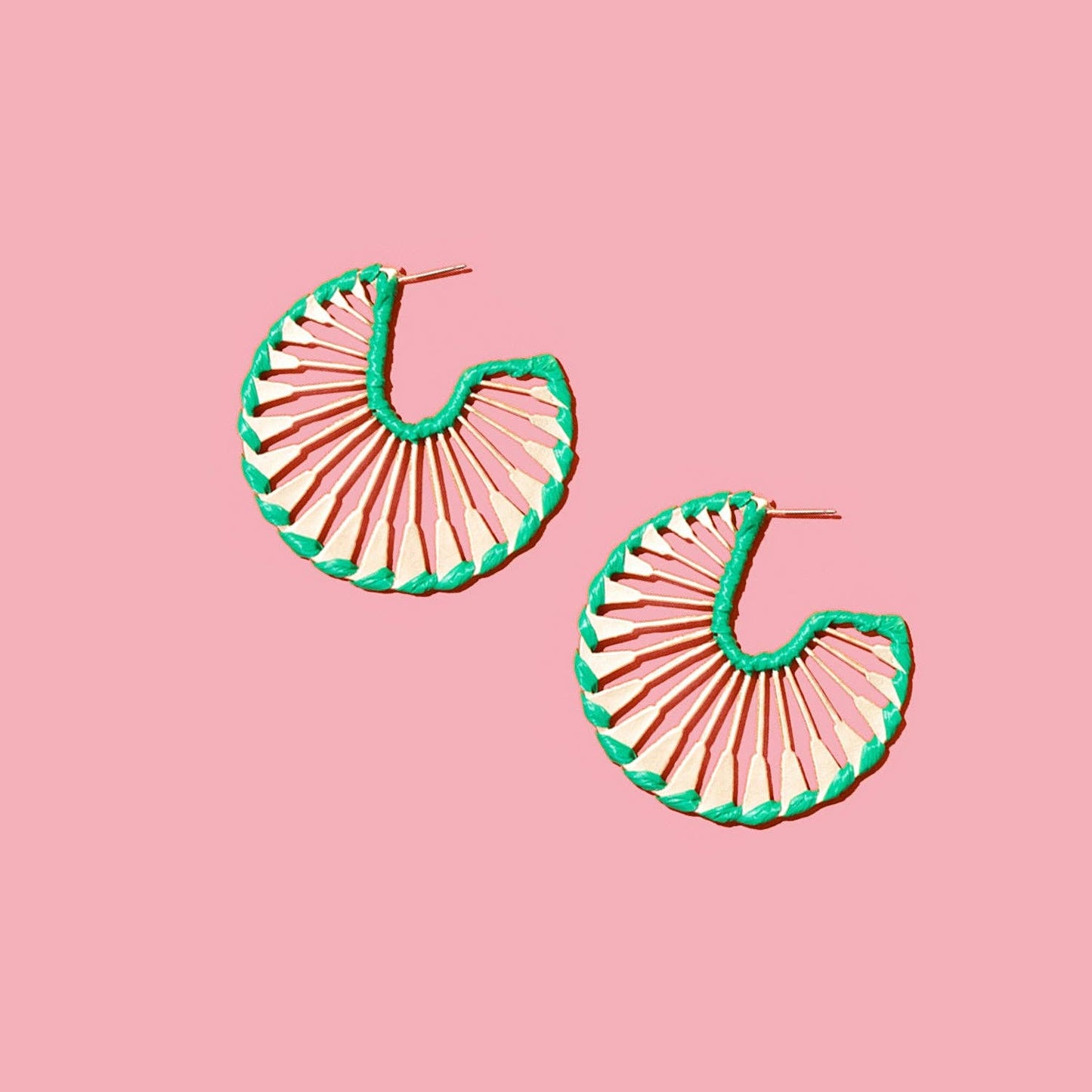 Rattan Wrapped Gold Fan Hoops {pink} - Global Hues Market