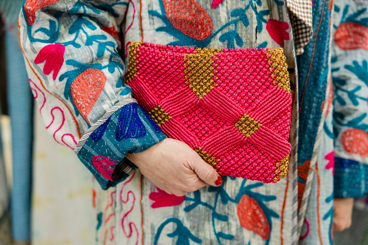 Handmade Macramé Clutch- Pink and Caramel