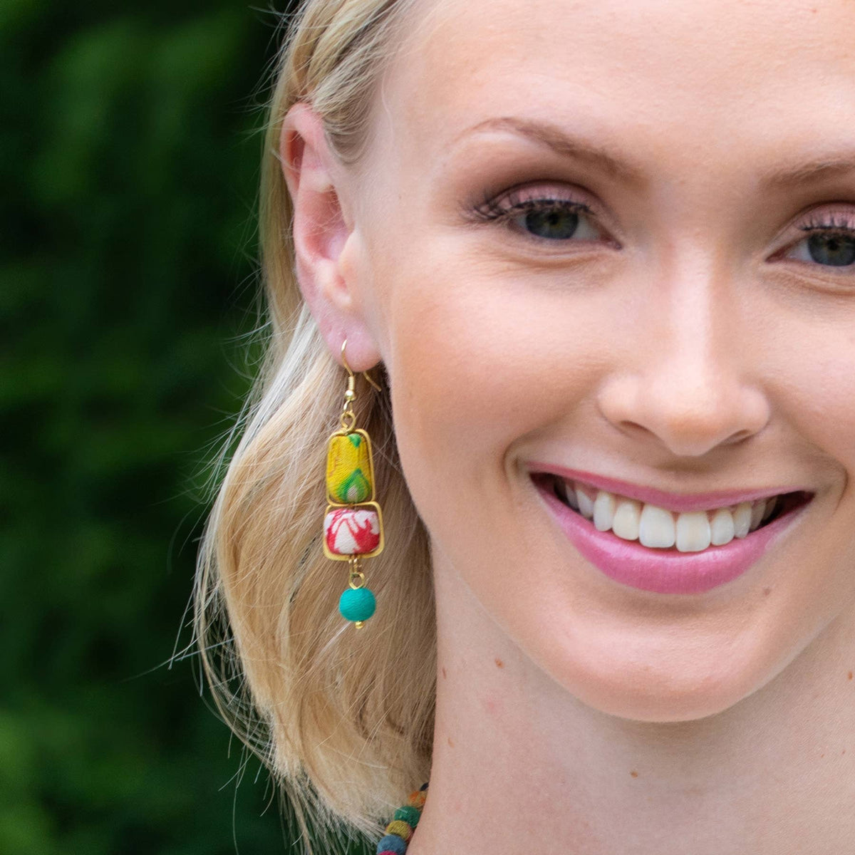 Aasha Brass Framed Oblong Beads with Single Drop Earrings - Global Hues Market