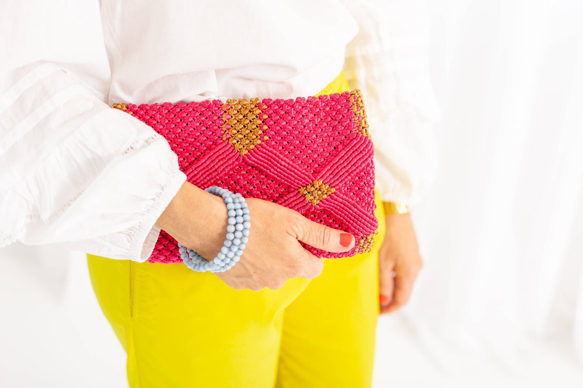 Handmade Macramé Clutch- Pink and Caramel - Global Hues Market