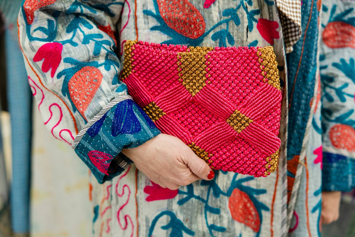 Handmade Macramé Clutch- Pink and Caramel - Global Hues Market