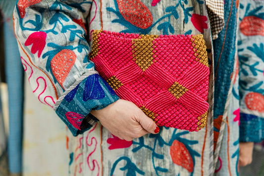 Handmade Macramé Clutch- Pink and Caramel - Global Hues Market