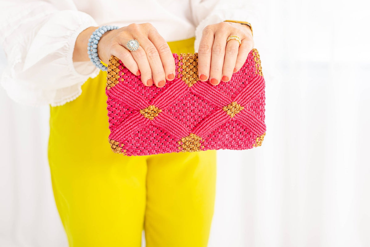 Handmade Macramé Clutch- Pink and Caramel - Global Hues Market