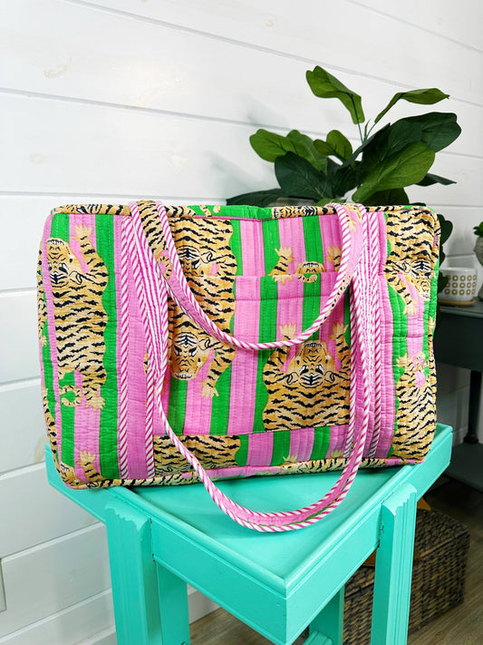 Quilted Duffle Bag | Weekender Travel Overnight Bag | Tigers - Global Hues Market