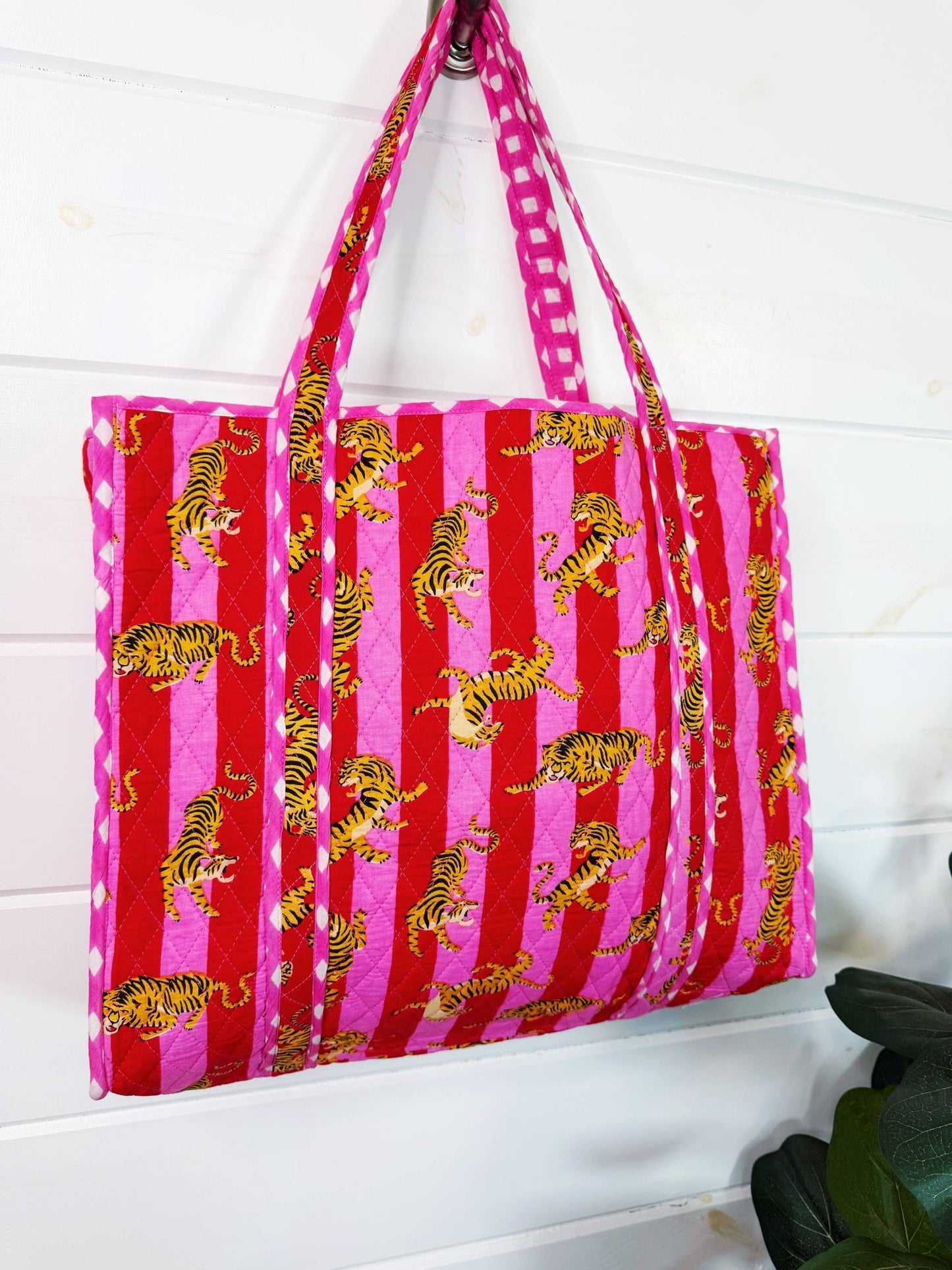 Tote Bags Quilted | Large Travel Tote | Pink Red Tiger Print - Global Hues Market