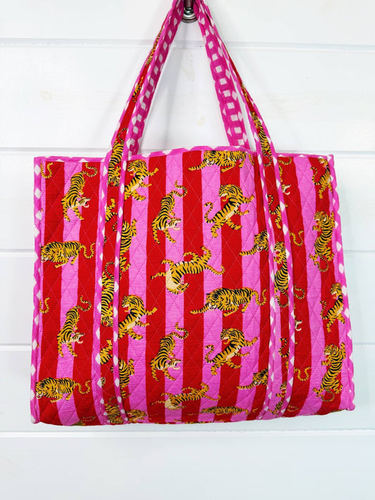 Tote Bags Quilted | Large Travel Tote | Pink Red Tiger Print - Global Hues Market