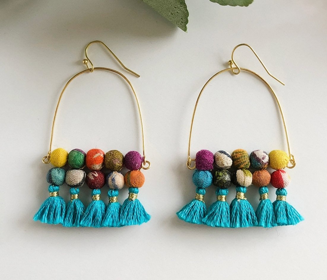 Arched Turquoise Tassel Earrings - Global Hues Market