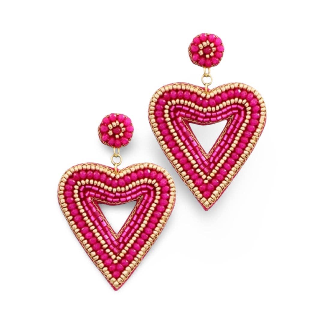 Fuchsia + Gold Beaded Heart Earrings - Global Hues Market