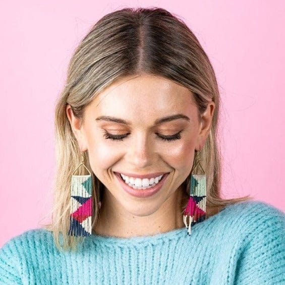 Hot Pink & Navy Triangles on Triangle Fringe Earrings - Global Hues Market
