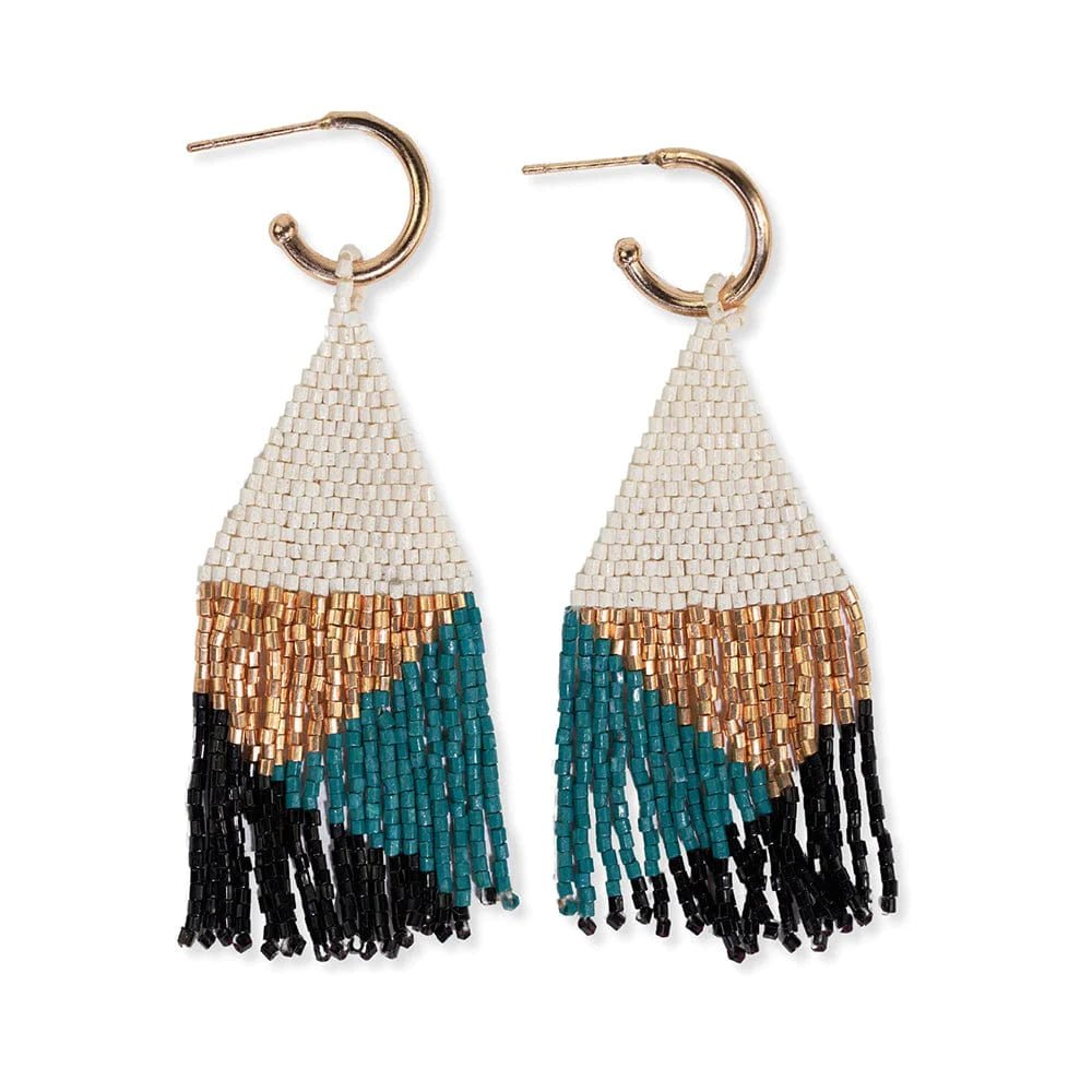 James Mini Gold Hoop Beaded Geo Fringe Earrings {teal + black + gold} - Global Hues Market