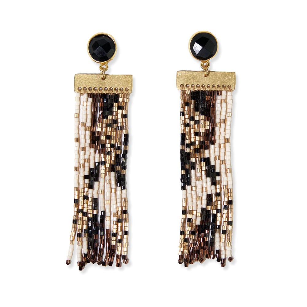 Lilah Post Earrings Semi-Precious Stone w/Beaded Fringe {black & white} - Global Hues Market