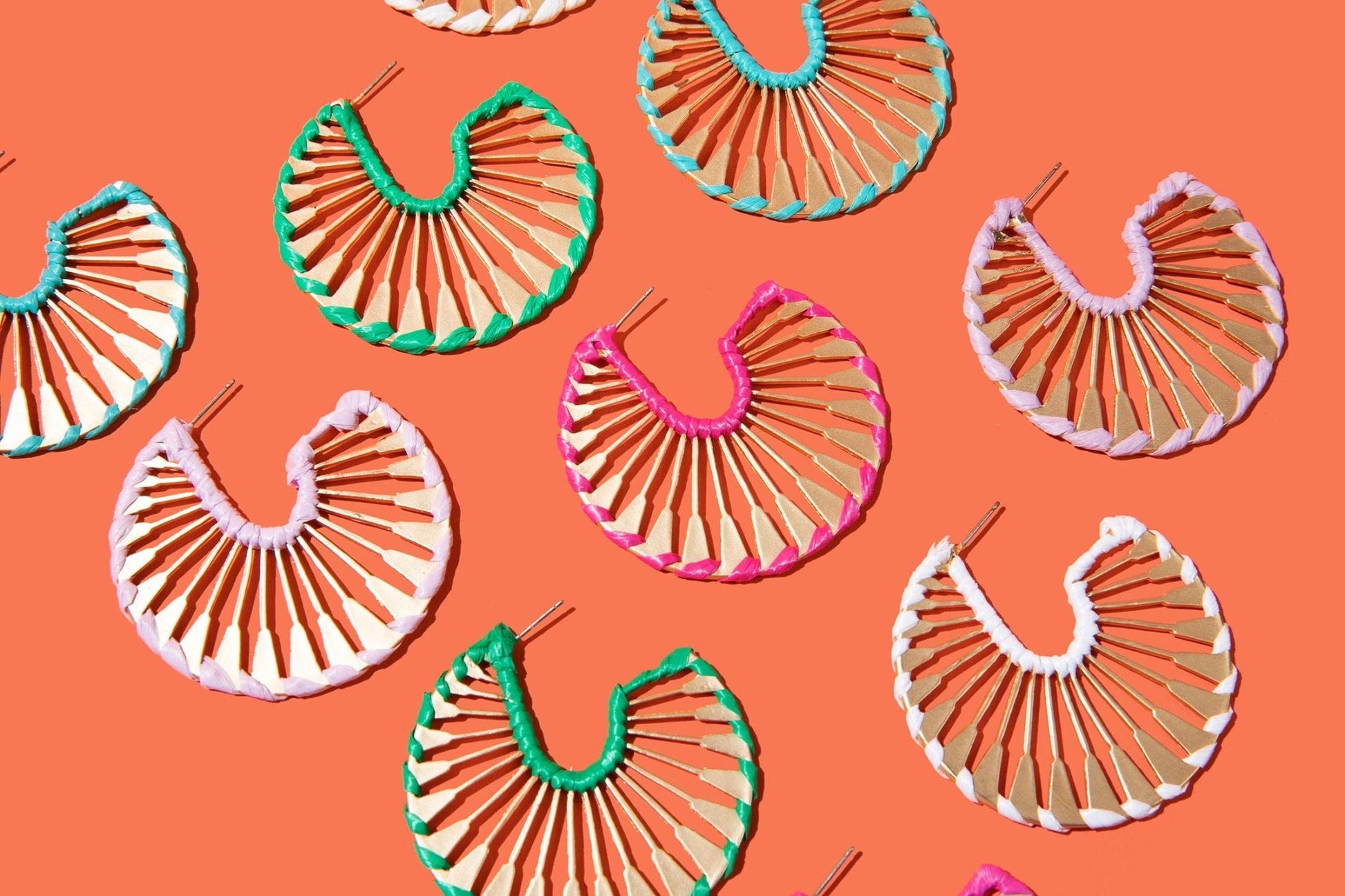 Rattan Wrapped Gold Fan Hoops {pink} - Global Hues Market