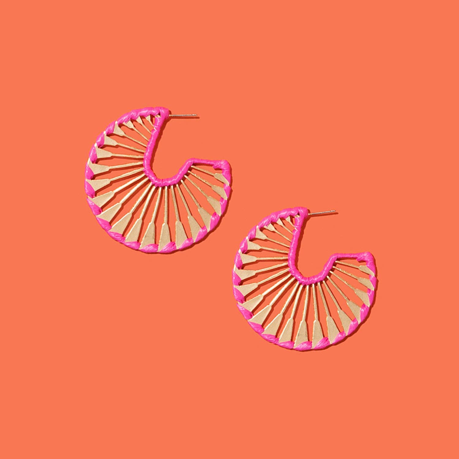 Rattan Wrapped Gold Fan Hoops {pink} - Global Hues Market