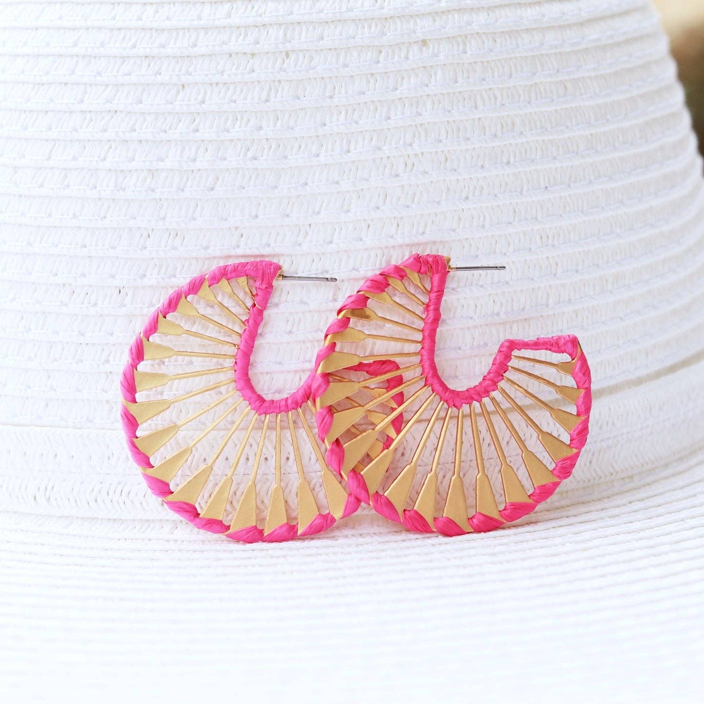 Rattan Wrapped Gold Fan Hoops {pink} - Global Hues Market