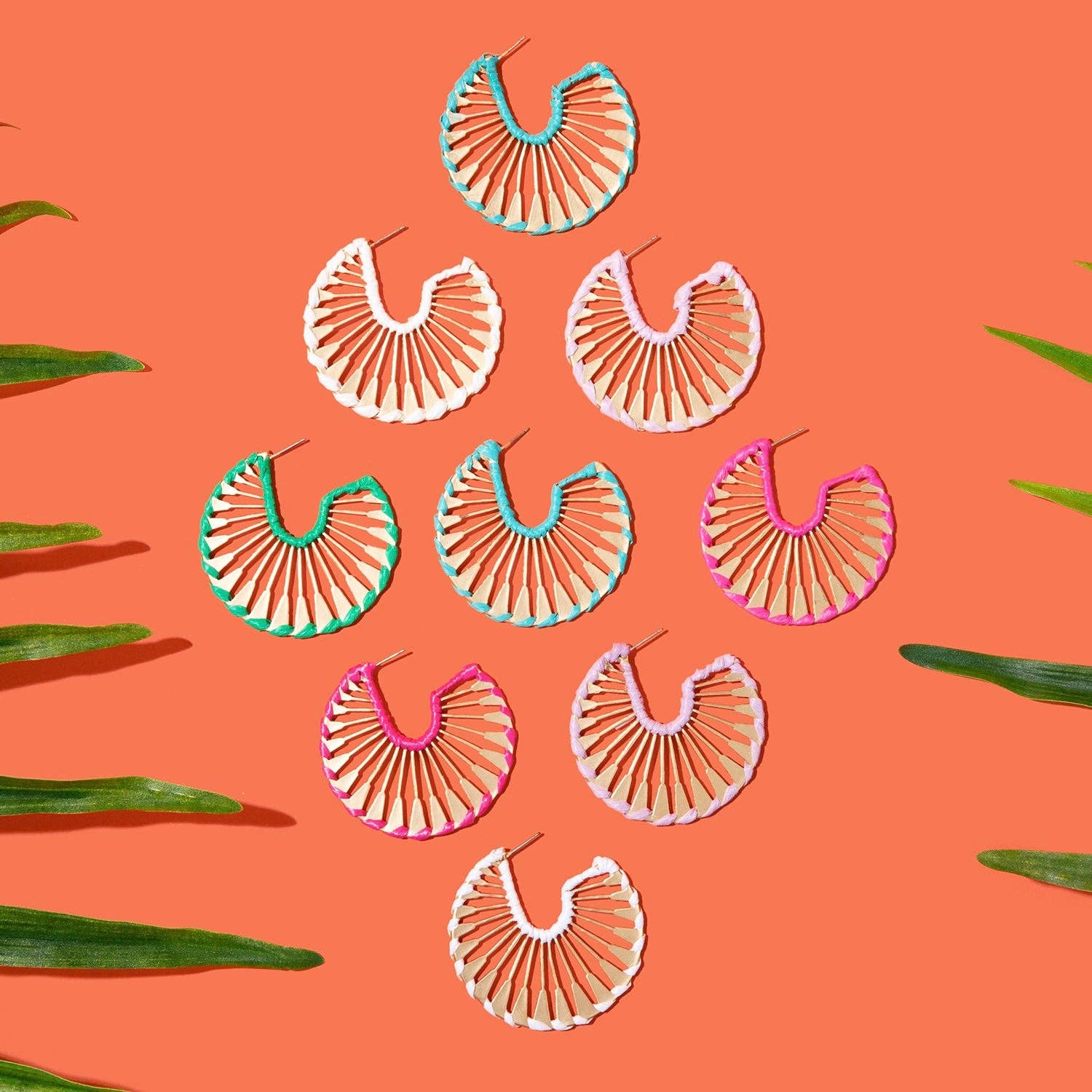 Rattan Wrapped Gold Fan Hoops {pink} - Global Hues Market