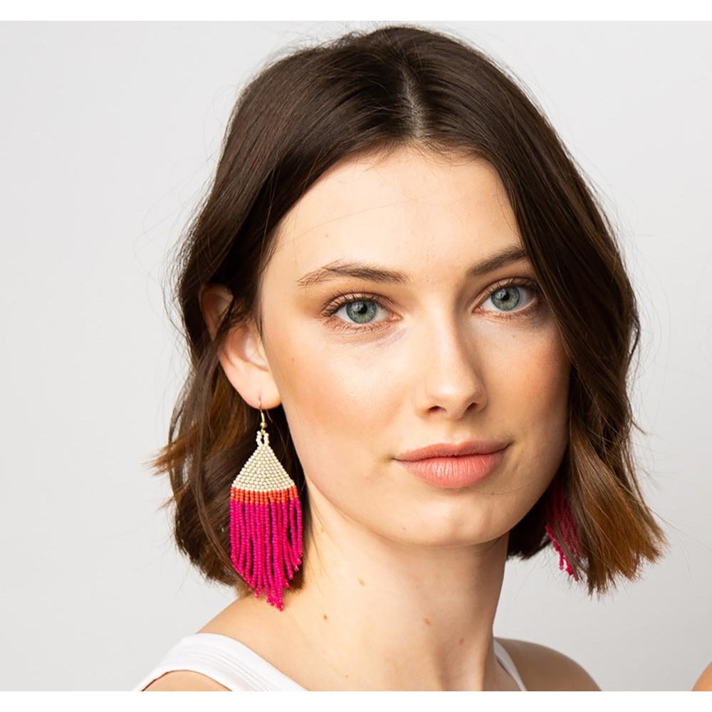 Striped Fringe Earrings {hot pink, ivory + coral} - Global Hues Market
